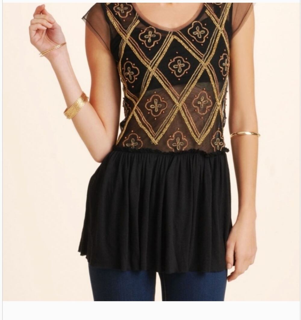 NWT Free People Holiday to India Beaded Mesh Peplum Top Black sz L